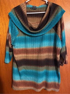 Y/Project Striped Cowl Neck Sweater in Turquoise and Brown